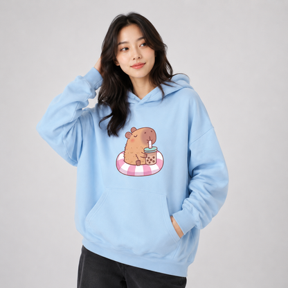 Capybara Floating & Sipping Bubble Tea Unisex Hoodie