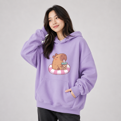 Capybara Floating & Sipping Bubble Tea Unisex Hoodie
