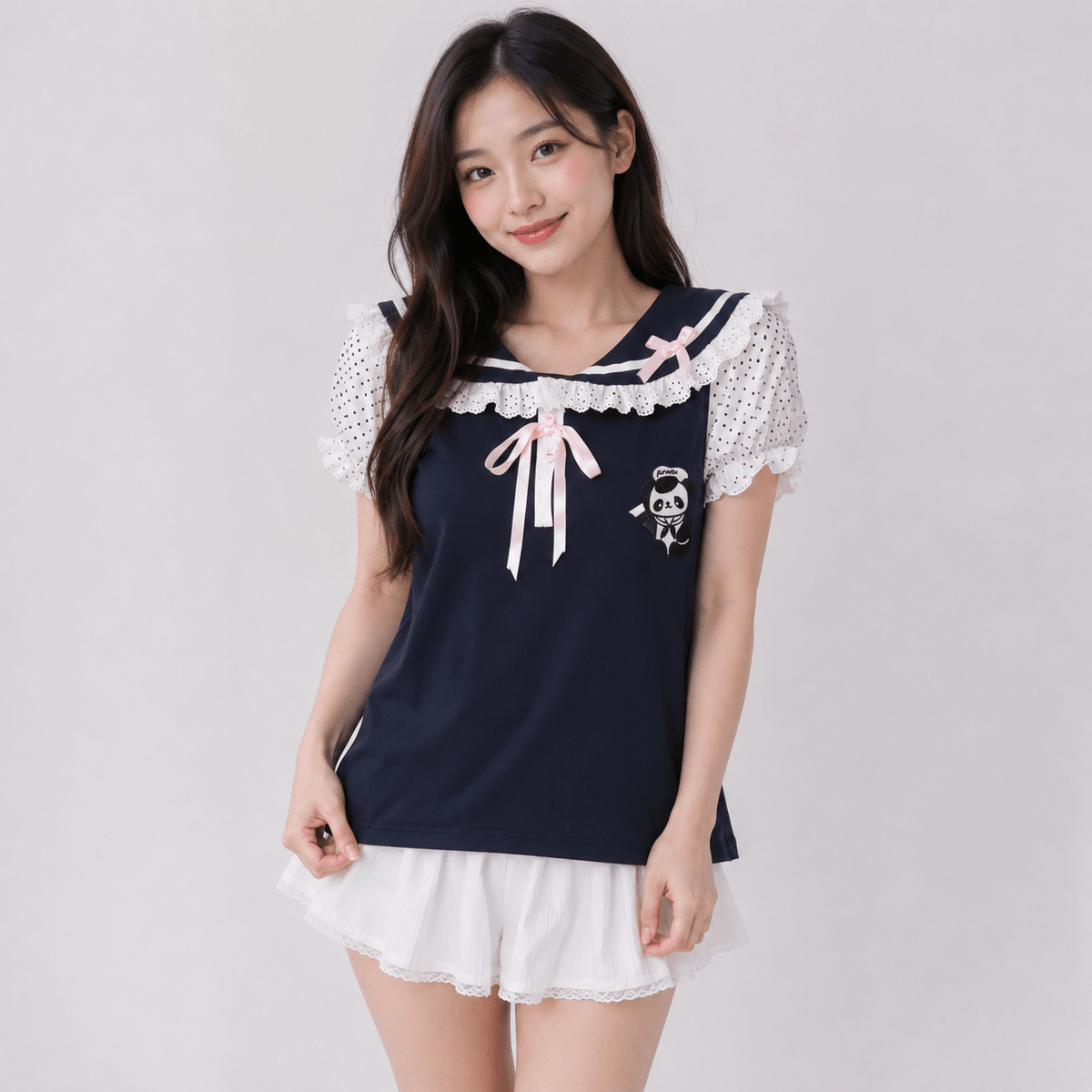 Kawaiies Collection - Apparel - Black Japanese-themed Harajuku Panda Lace Women's Tee