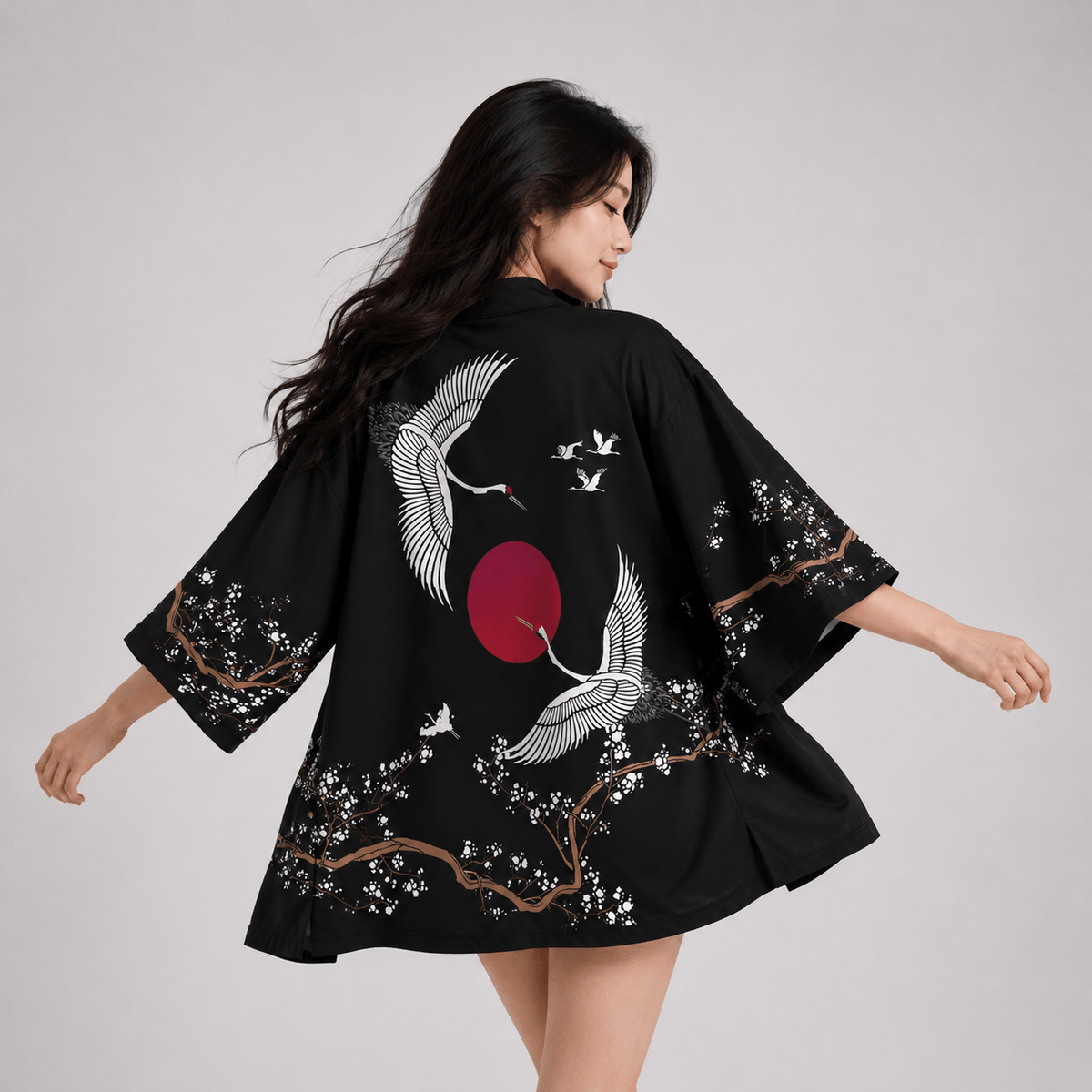Kawaiies Collection - Kimono - Japanese-themed Red Sun White Cranes Unisex Kimono