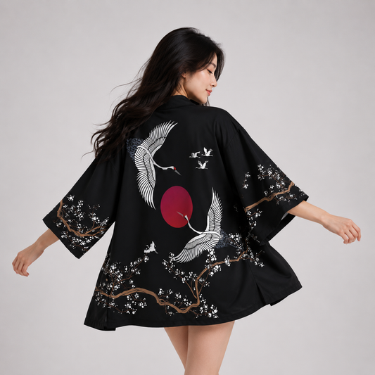 Japanese-themed Red Sun White Cranes Unisex Kimono