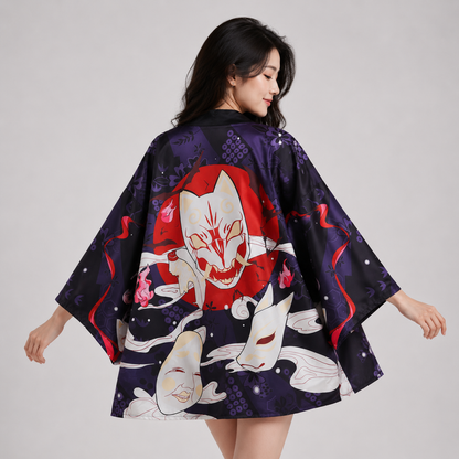 Japanese-themed Red Navy Samurai Cat Mask Unisex Kimono