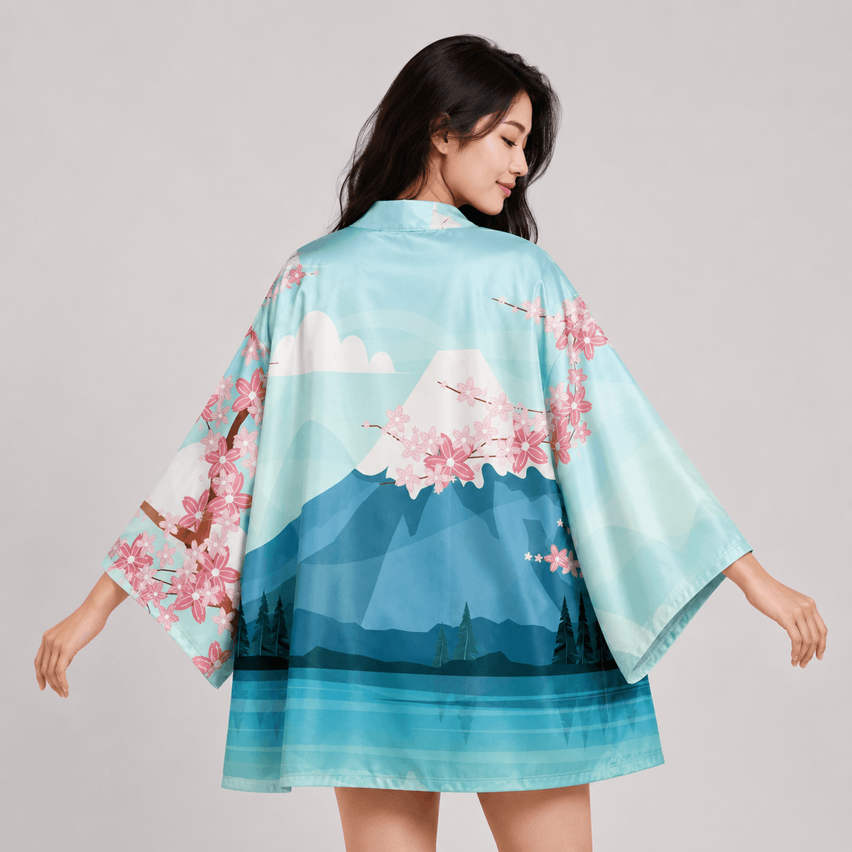 Kawaiies Collection - Kimono - Japanese-themed Mount Fuji Sakura Blue Unisex Kimono