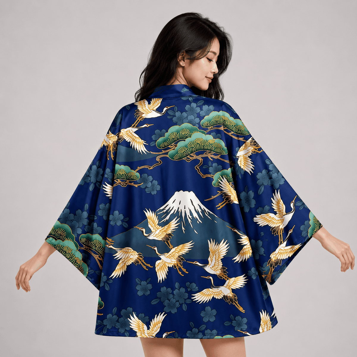 Kawaiies Collection - Kimono - Japanese-themed Cranes Mt Fuji Navy Sun Black Unisex Kimonos