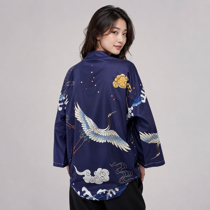 Japanese-themed Crane Cloudy Waves Unisex Purple/White Kimono