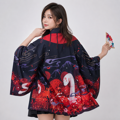 Japanese-themed Black Red Fox Snake Shrine Women's Kimono