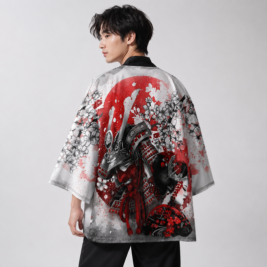 Japanese-themed White Kimono Lady Red Sakura Unisex Kimono