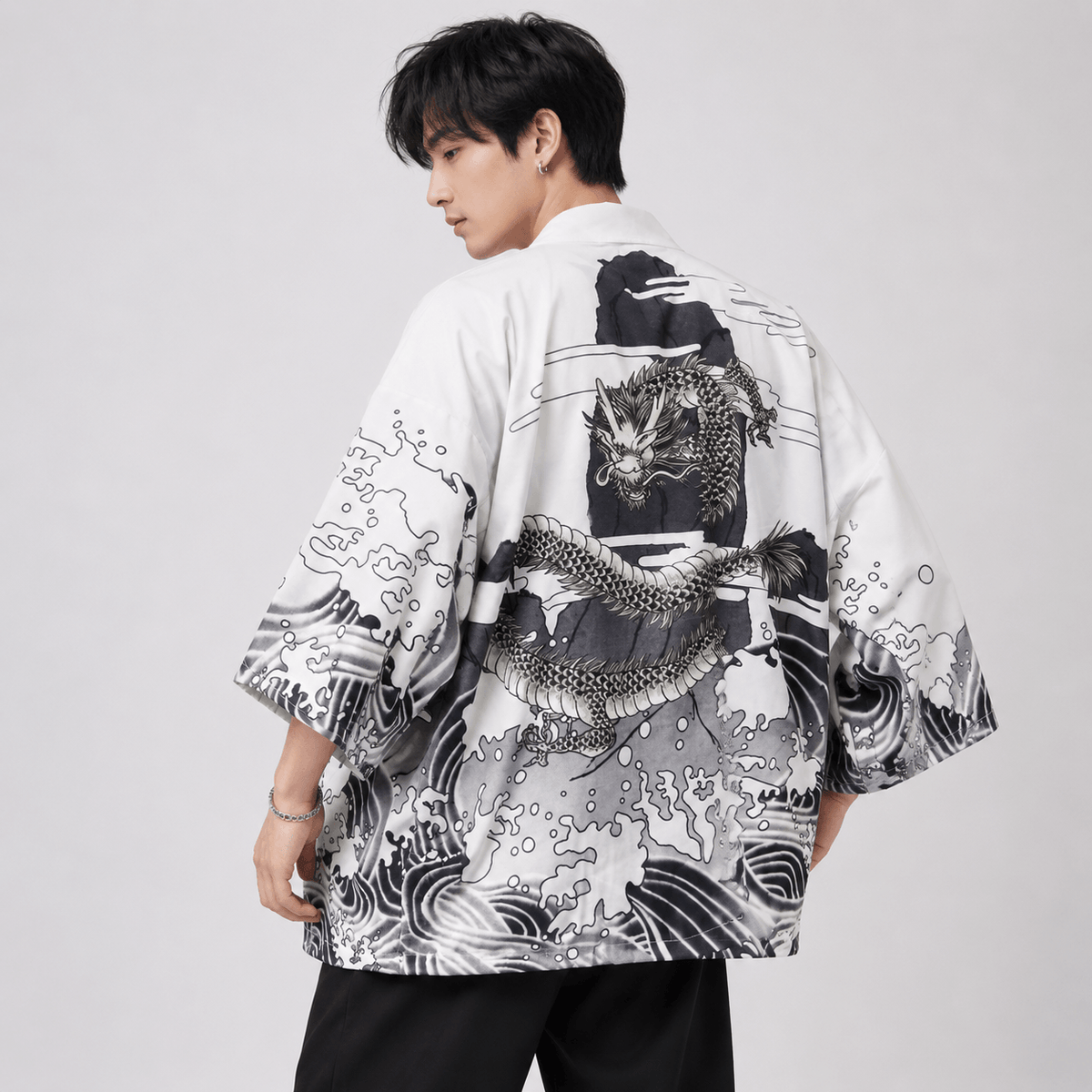 Kawaiies Collection - Kimono - Black White Dragon Wave Unisex Kimono Top