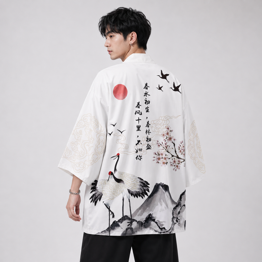 Japanese White Black Sakura Crane Mountains Mens Two-Piece Kimono Yukata Top & Pants Sets