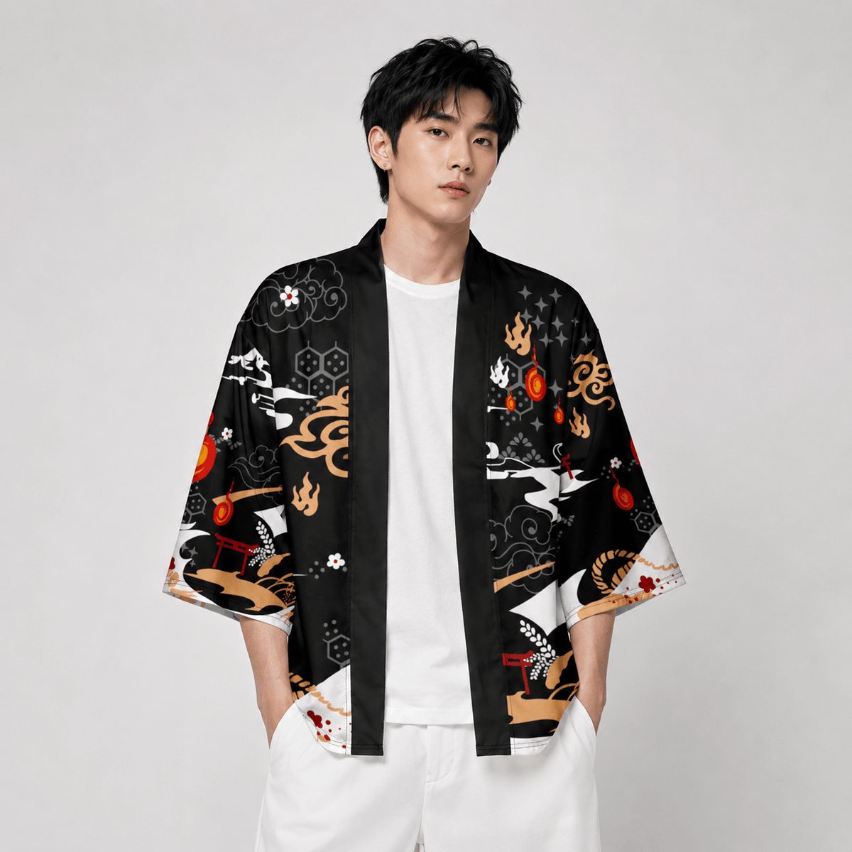 Kawaiies Collection - Kimono - Anime White Fox Mask Pattern Unisex Kimono