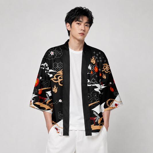 Anime White Fox Mask Pattern Unisex Kimono