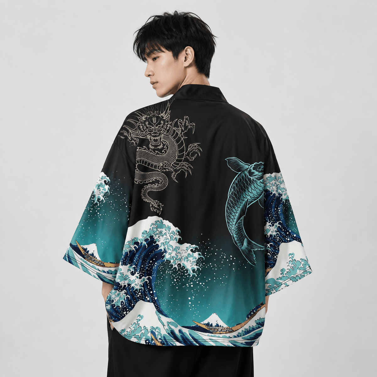 Kawaiies Collection - Kimono - Japanese-Themed Kanagawa Wave Black Unisex Kimono