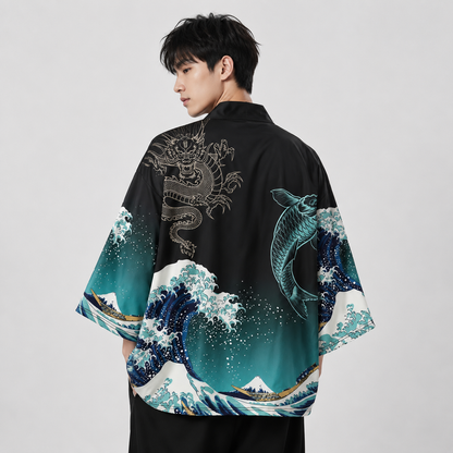 Japanese-Themed Kanagawa Wave Black Unisex Kimono
