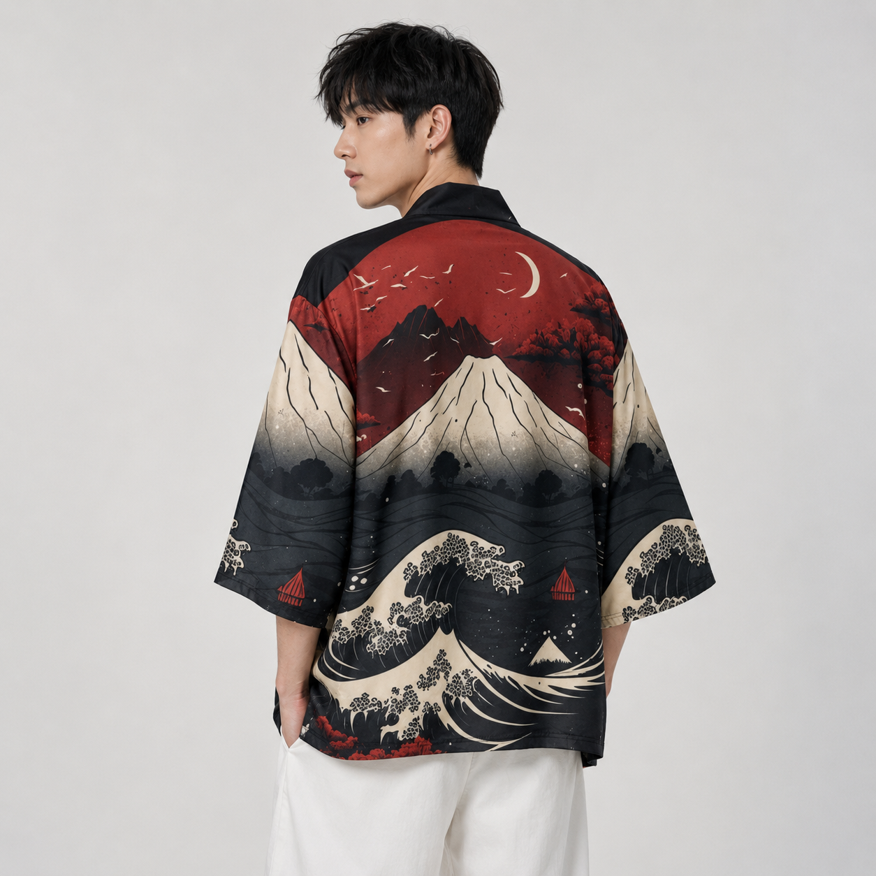 Japanese-themed Great Wave off Kanagawa Red Purple Unisex Kimono