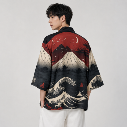 Japanese-themed Great Wave off Kanagawa Red Purple Unisex Kimono