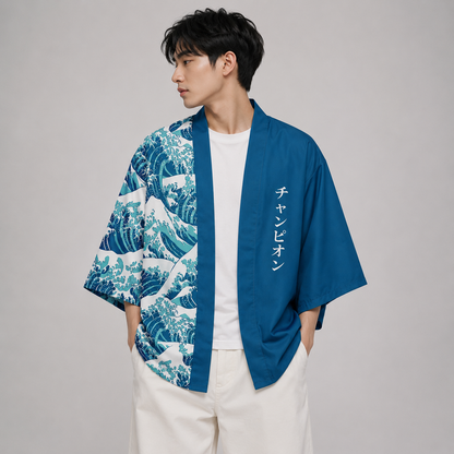 Navy Great Wave off Kanagawa Half Half Unisex Kimono