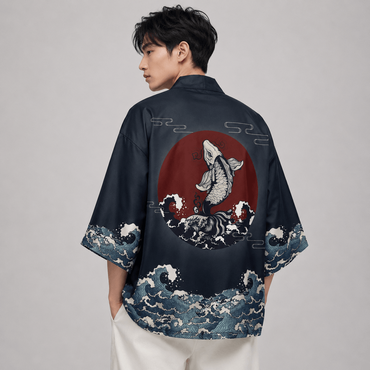 Kawaiies Collection - Kimono - Japanese-themed Koi Great wave off Kanagawa Unisex Navy Kimono