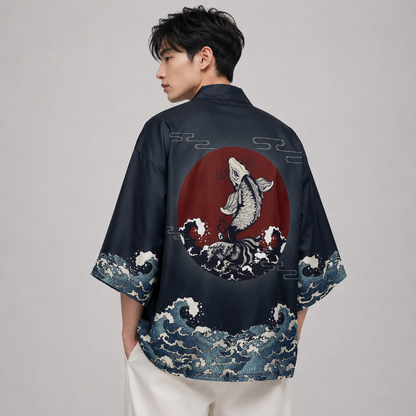 Japanese-themed Koi Great wave off Kanagawa Unisex Navy Kimono