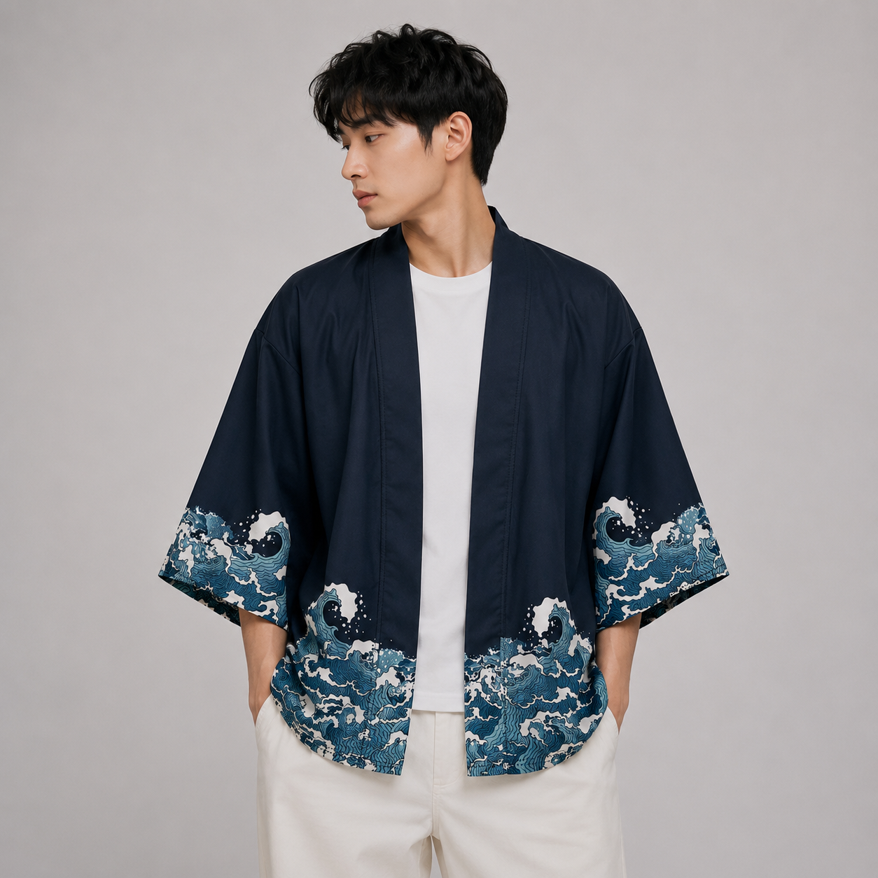 Japanese-themed Koi Great wave off Kanagawa Unisex Navy Kimono