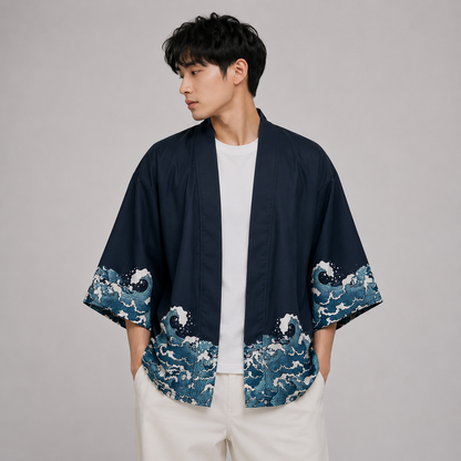 Japanese-themed Koi Great wave off Kanagawa Unisex Navy Kimono