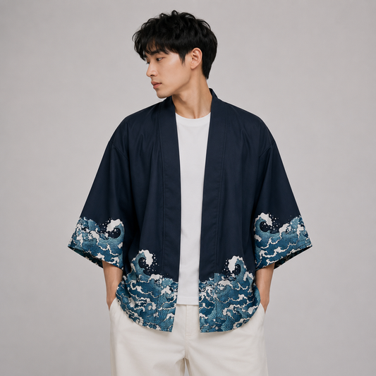 Japanese-themed Koi Great wave off Kanagawa Unisex Navy Kimono