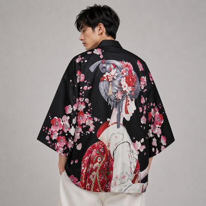 Japanese Sakura Black Red Anime Girl Long Kimono Cardigan Robes