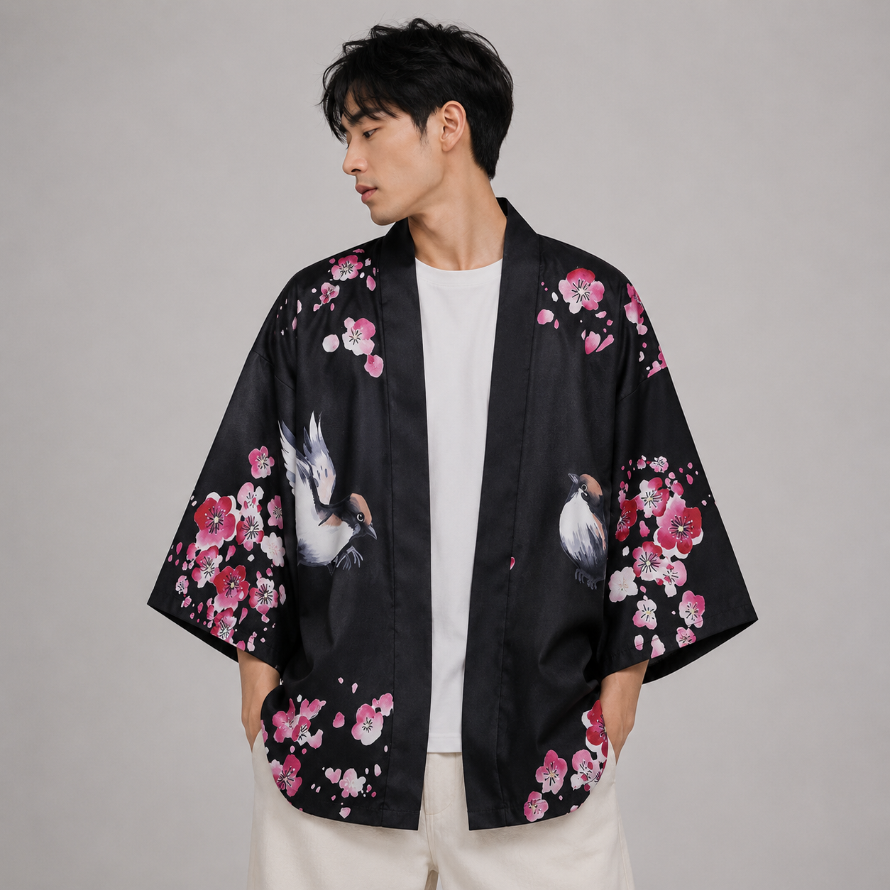 Japanese Sakura Black Red Anime Girl Long Kimono Cardigan Robes