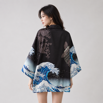 Japanese Great Wave off Kanagawa Dragons Kois Kimono