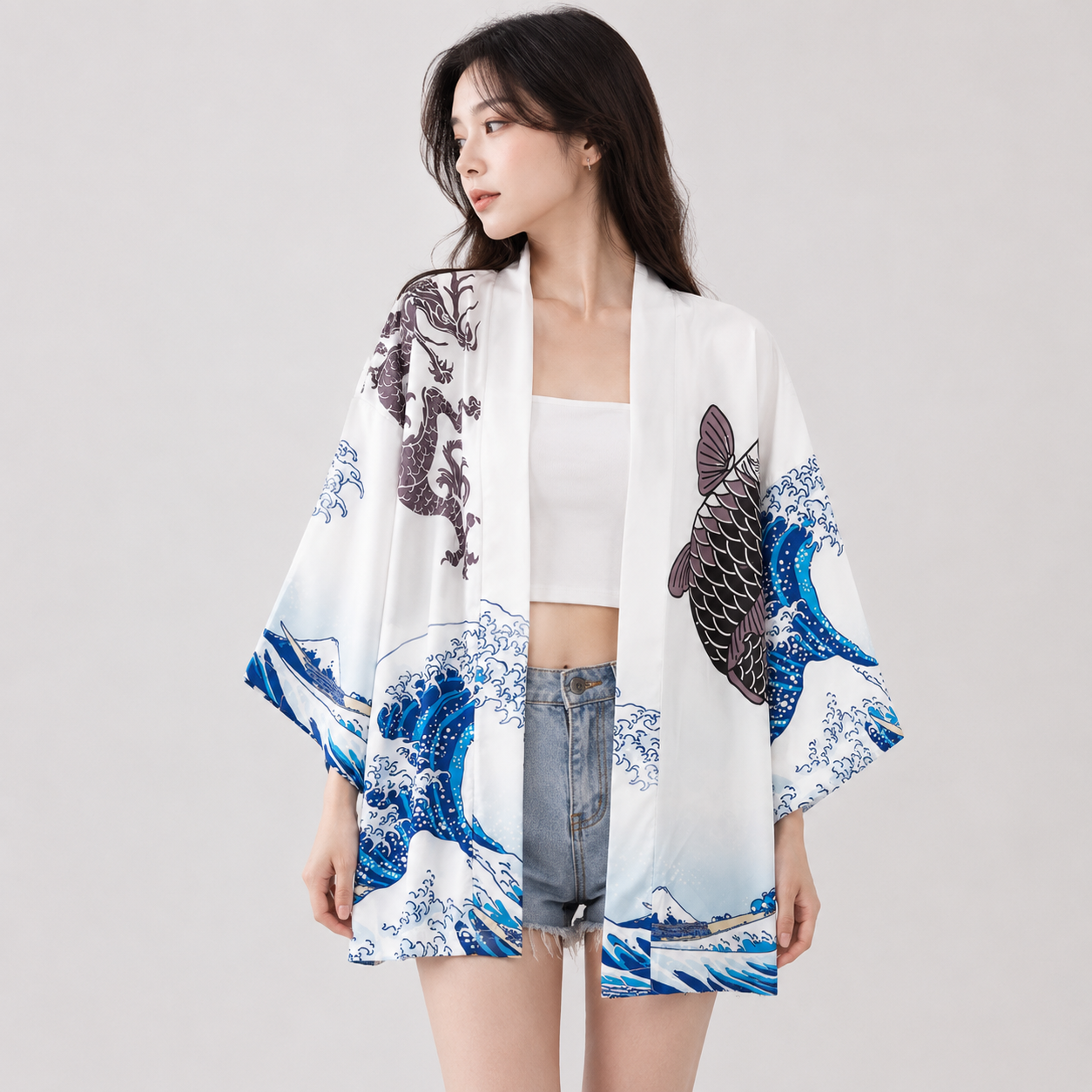 Japanese Great Wave off Kanagawa Dragons Kois Kimono