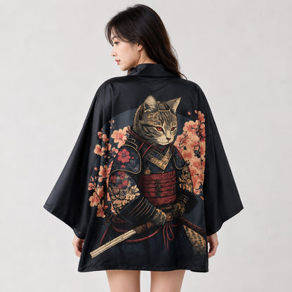 Japanese-themed Sakura Samurai Cat Print Unisex Kimono