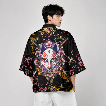 Japanese-themed White Fox Mask Sakura Unisex Kimono