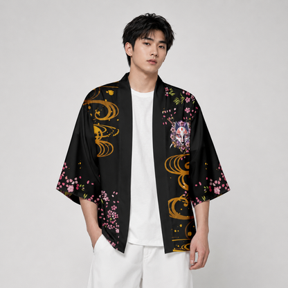 Japanese-themed White Fox Mask Sakura Unisex Kimono