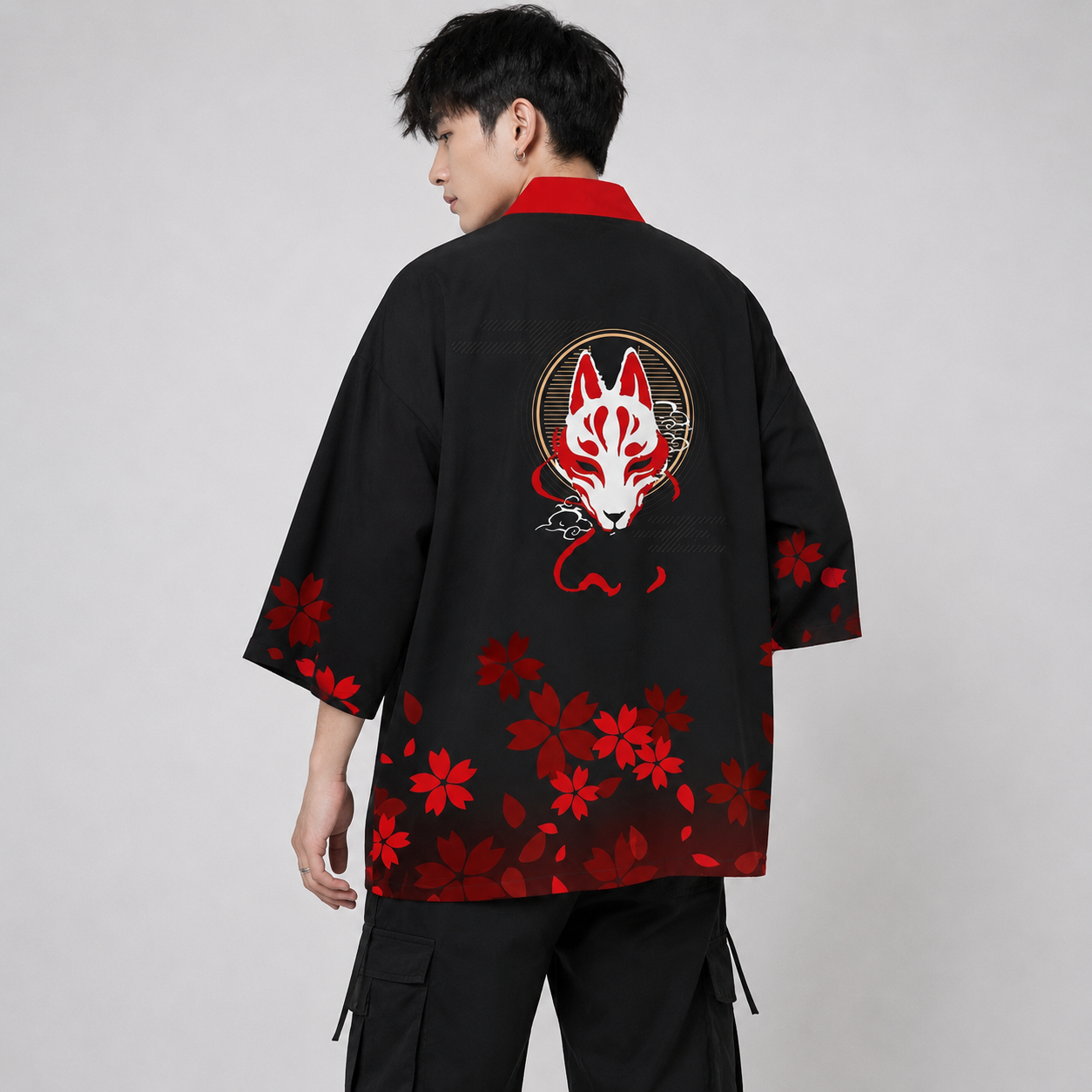 Japanese-themed White Wolf Mask Mens Kimono Yukata