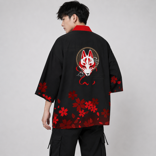 Japanese-themed White Wolf Mask Mens Kimono Yukata