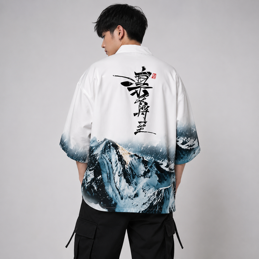 Japanese-themed Glaciar Mountains Two-Piece Kimono Yukata Top & Pants