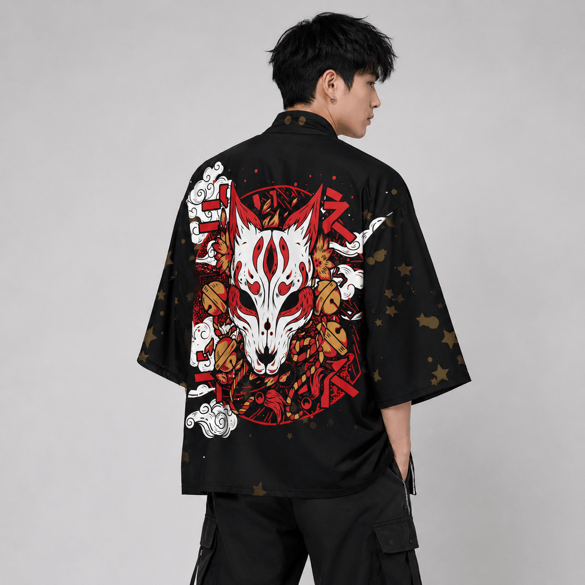 Kawaiies Collection - Kimono - Japanese-themed White Fox Mask Print Unisex Kimono