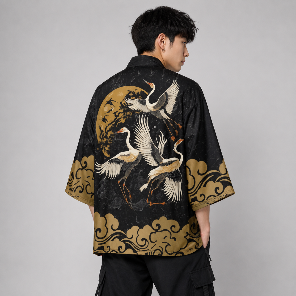 Japanese-themed Crane Print Black Gold Unisex Kimono