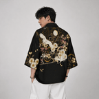 Kawaiies Collection - Kimono - Japanese-themed White Crane Black Gold Unisex Kimono