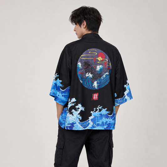 Japanese-themed Black Koi Waves Unisex Kimono
