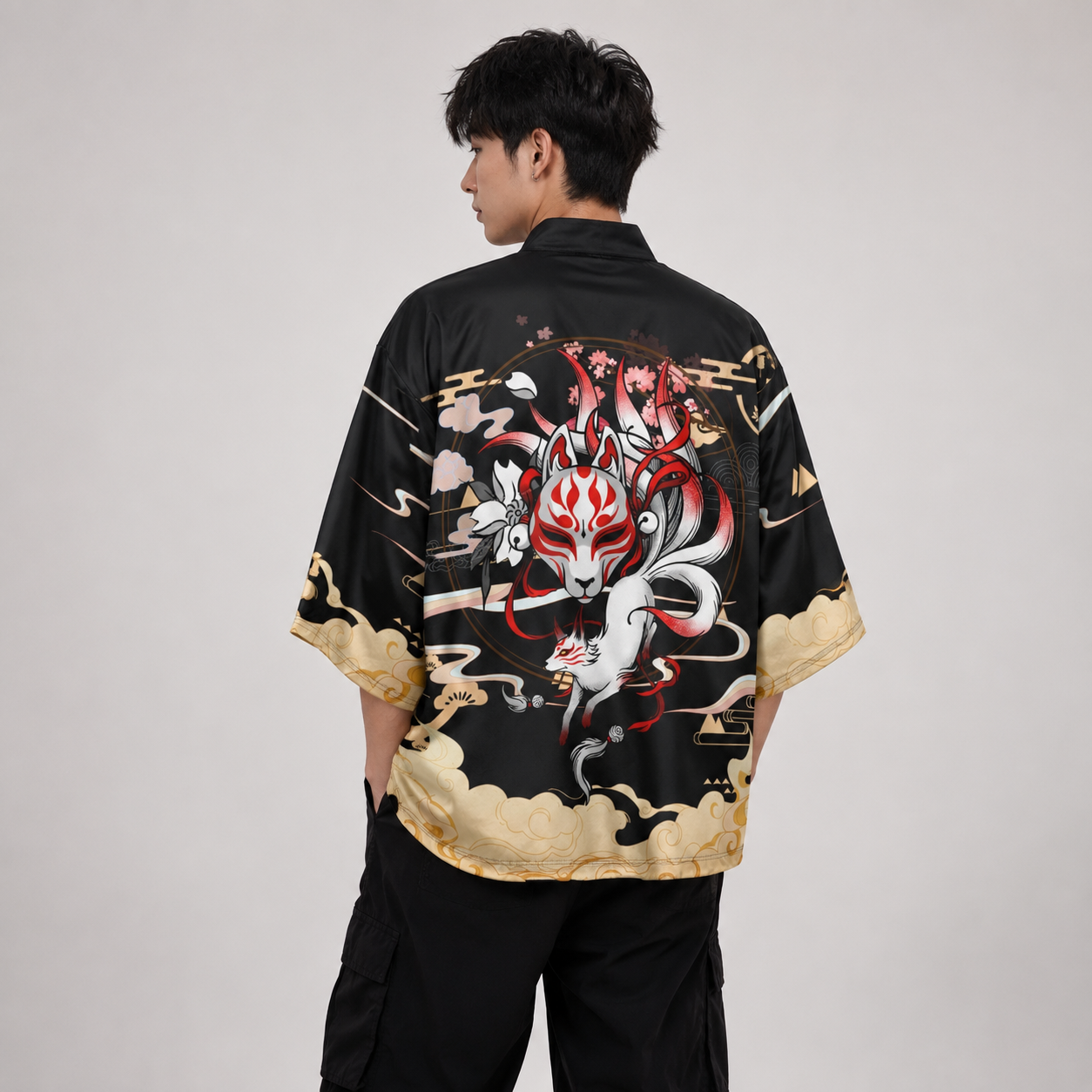 Japanese-themed Black Gold Nine Tailed Fox Unisex Kimono