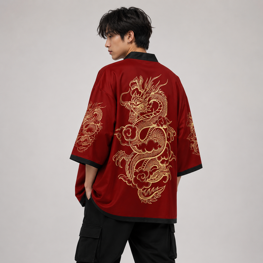 Red Black Golden Dragon Outlined Unisex Kimono