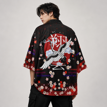 Royal White Crane Blood Moon Sakura Unisex Kimono