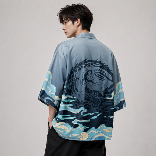 Cloud Mist Dragon Blue Unisex Kimono