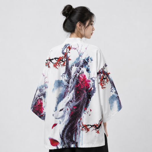 Fox Cranes Dragon Japanese Women Kimono Robe Cardigan