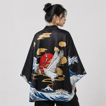 Fox Cranes Dragon Japanese Women Kimono Robe Cardigan