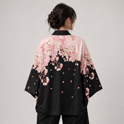 Pink Sakura Flowers Print Unisex Black Kimono