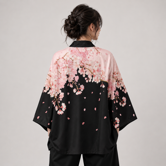 Pink Sakura Flowers Print Unisex Black Kimono