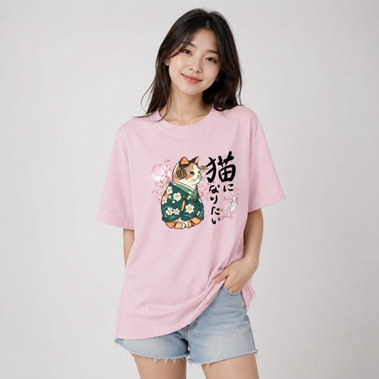 Japanese Kimono Cat Sakura Kanji Unisex Tee