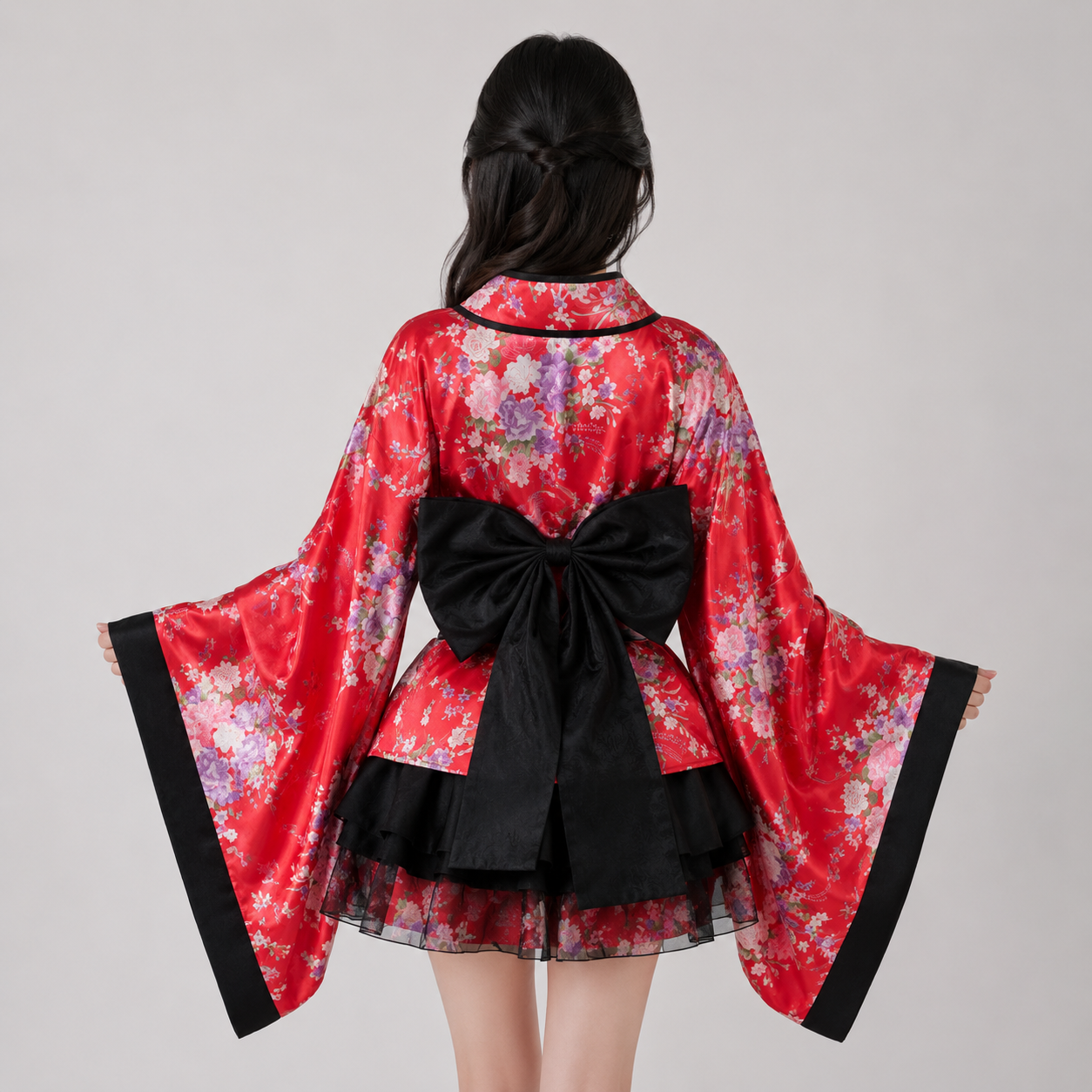 Black Red Japanese Kimono Floral Pattern Short Robe