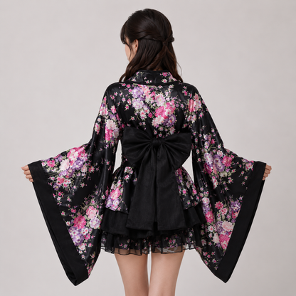 Black Red Japanese Kimono Floral Pattern Short Robe